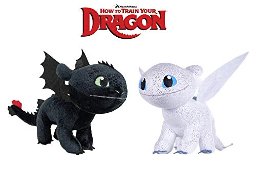 HTTYD Dragons, como Entrenar a tu dragón - Pack 2 Peluches Furia Luminosa (Light Fury) + Desdentao (Toothless) - Calidad Super Soft 11'80"/30cm (40cm Cola incluida)